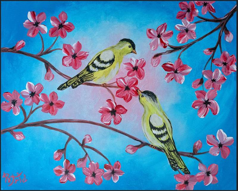 Paint Nite: Gold Finch in Pink Blossoms