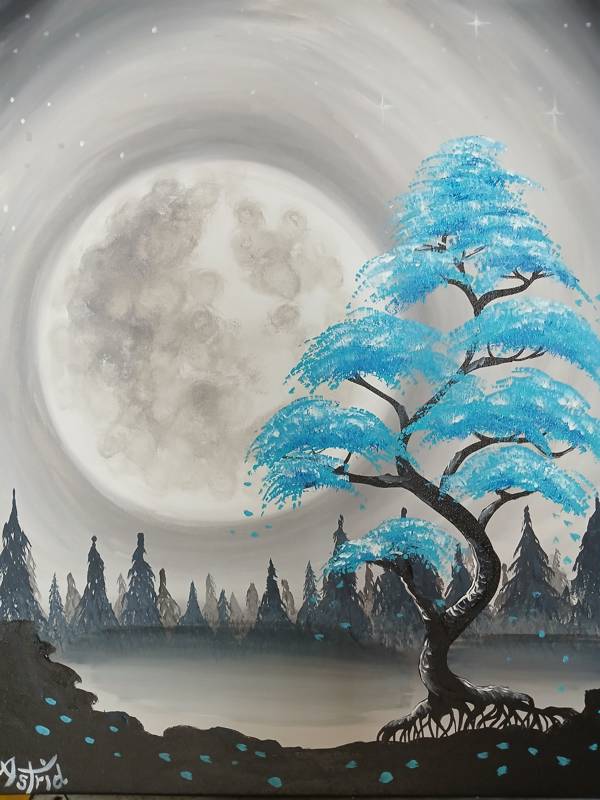 Paint Nite: Teal Bonsai Among the Misty Pines